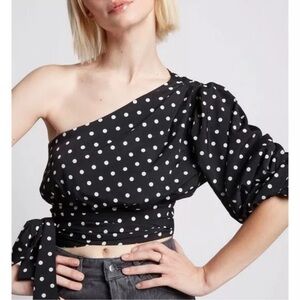 NWT Eggie Sophia Polka Dot Wrap Top Black/White, Size S Small One Shoulder Retro